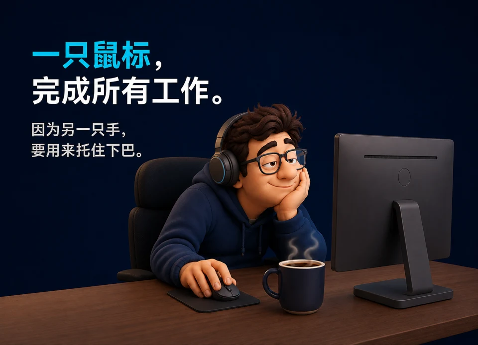 A relaxed person using MouseDeck with one mouse at a desk